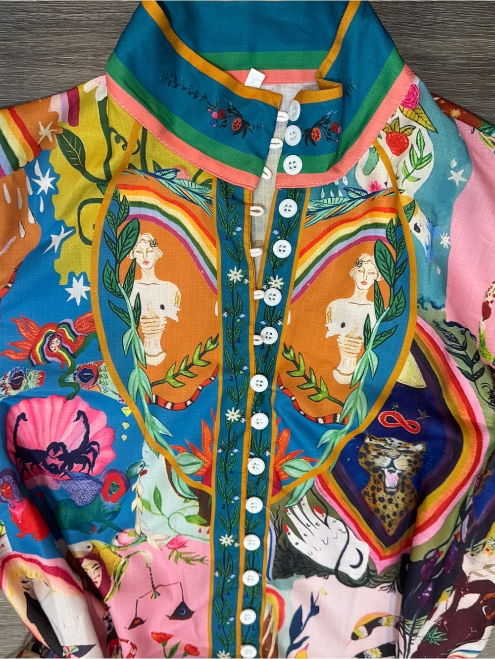 Multicolor Printed Mini Dress with Button-Front and Drawstring Waist - Picture 5 of 12